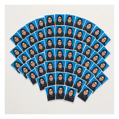 Create a fan-shaped collage with an increased number of passport size photos featuring an adult Pakistani woman in modest attire. Maintain the blue backgrounds behind each photo and place the entire collage on a clean white background. Remove any text from the image. sticker
