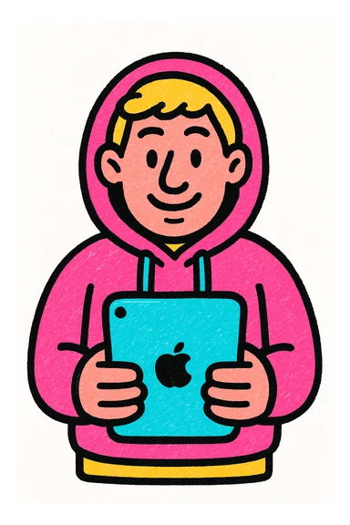 a man in a hoodie, holding an iPad, vibrant digital art, pop colors style sticker
