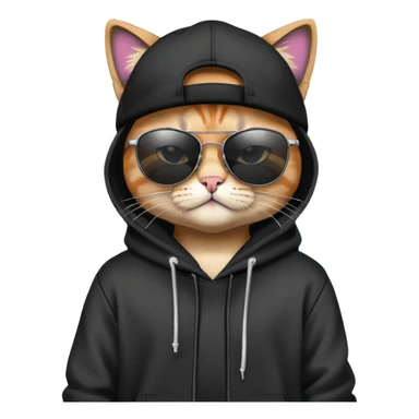 cat wearing a black snapback cap and black hoodie, with black sunglasses positioned low on his nose, looking directly at the viewer over the top of his sunglasses with a cool expression, doing graffiti with spray paint sticker