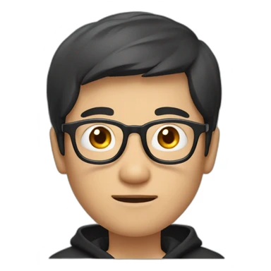 A mature Chinese boy with black hair and circle-shaped eyeglasses wearing black hoodie and ✌️ shaped hands sticker