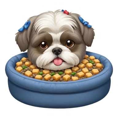 old ALL grey shih tzu in dog bed tongue hanging out bowl of food in front sticker