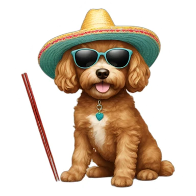 cavapoo wearing sunglasses and sombrero holding chopsticks sticker