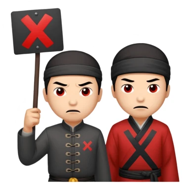 qing empire man who is of han ethnicity who looks angry that is holding a sign that has a red x on it to another man who is not han ethnicity who looks sad sticker