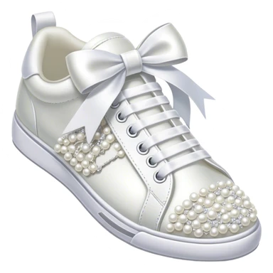 Pearl-encrusted white bridal tennis shoes with ribbon laces tied in a bow sticker
