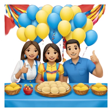 party table decorated with red blue and yellow colors, including a backdrops, balloons arch, streamers and more. On the table are intricate displays of colombian arepas, and baskets of money. In the forefront is a woman and man in simple clothing, big smiles and big thumbs up sticker