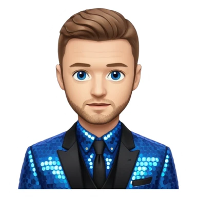 Justin Timberlake with light brown hair, blue eyes, sequin black suit jacket sticker
