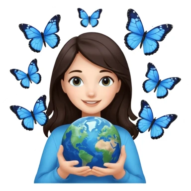 Successful CEO (brunette girl, another emoji, in the middle), holding the Earth 🌍 in her hands smiling warmly, blue monarch butterflies fly around her. sticker