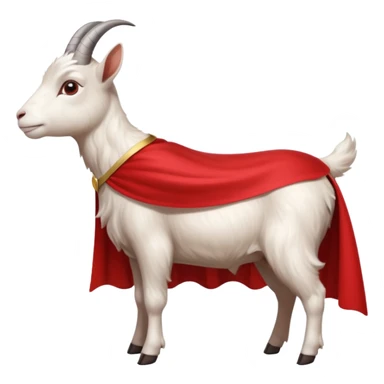 side view of white female goat wearing a read cape like superman sticker