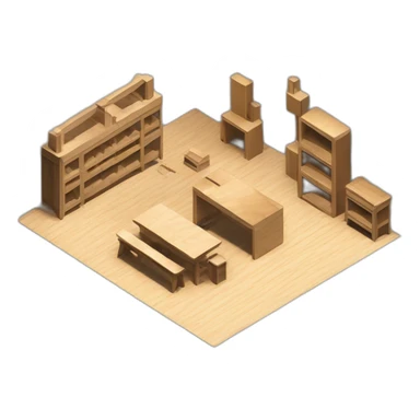 isometric square solid outline border box containing indoor creative workshop factory woodworking metalworking people actively working cnc machine tools simple clean industrial brutalist sticker
