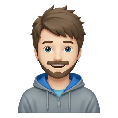 25 year old man, short scruffy beard and thin moustache, brown puffy mullet, blue eyes, big smile, white teeth, big lips, pronounced jaw, hair longer in back, sticking up on top, thin face, grey hooded sweatshirt, pale skin, big smile, blue eyes, puffy hair sticker