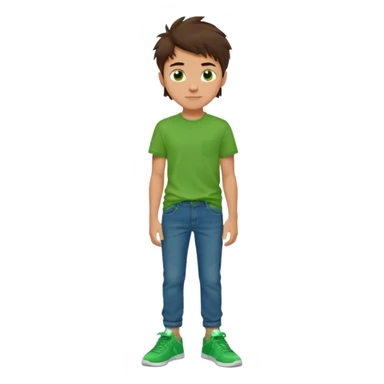 A 14 yerar old teenage boy, tanned, wearing a green t-shirt , blue jeans and green sneakers with dark brown tousled hair, smirking sticker