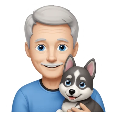 A 60 year old man with blue eyes and short light gray hair and slightly big ears, holding a black and white husky dog with floppy ears and white tuft eyebrows, both smiling sticker