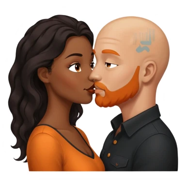 ebony black women with long brown/black wavy hair kissing bald white man. White man has orange facial hair sticker