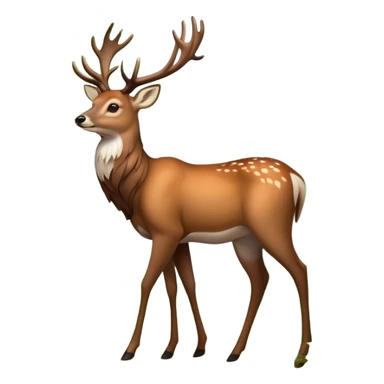 A majestic deer with large antlers, walking gracefully through a serene forest, surrounded by soft green foliage and dappled sunlight, in a minimalist and clean emoji style. sticker