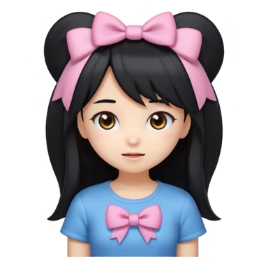 A kawaii-style emoji of a cute anime girl with long, straight black hair, with side bangs, big shiny brown eyes, and soft makeup. She has a small pink bow on her hair and is wearing a pastel blue top but with a Sonic the Hedgehog design printed on it (cute Sonic style). sticker