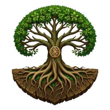 Tree roots forming a sigil shape, earth magic symbolism, deep greens and browns sticker