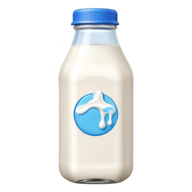 A 3D cartoon bottle of milk with white liquid, blue cap, clean reflections, Memoji-style. sticker