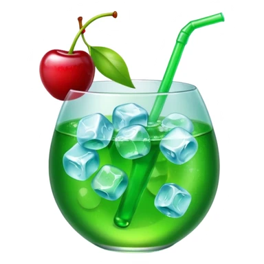 Create an emoji with a very clear rounded glass and ice, bright transparent green soda , a smooth vanilla scoop circle shape, a glossy red cherry, using vibrant colors, soft shading, and clear glass highlights.
 sticker