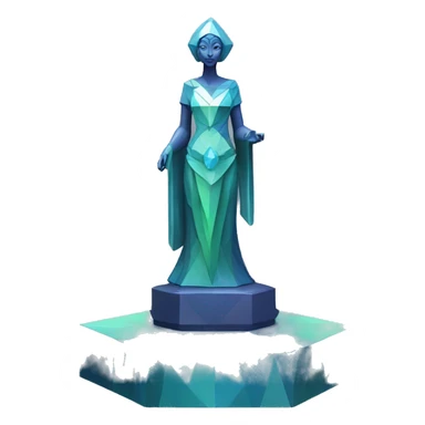 Sculpture oracle priestess with a geometric faceted design with disney features. Oracle of delphi is sparkling and standing upright on a base with angular and flower features. The vibrant blues neutrals and greens highlights the sharp edges and planes.  sticker
