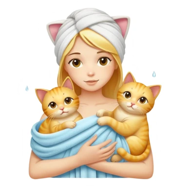 A beautiful girl with fair skin - just finished taking a shower - wrapped in a bath towel and holding a golden gradient cat sticker