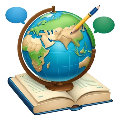An icon featuring a globe with speech bubbles in different languages, symbolizing the study of foreign languages. The design includes a book and a pencil, representing learning and communication across cultures. Transparent background highlights the global nature of language education. sticker