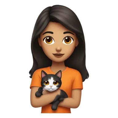 Brunette girl with brown eyes, holding a tricolor cat with black, white and orange furry. Cat hairs are black in one side of its face and orange in the other side of its face. sticker