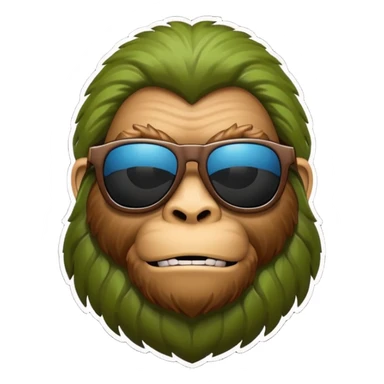 Bigfoot emoji, sunglasses, apple-style emoji, clean lines, simple and bold sticker