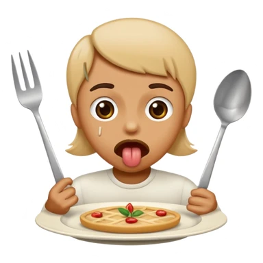 Create me an emoji of someone over a plate with a fork and knife in their hand tongue out and it say ate and left no crumbs sticker