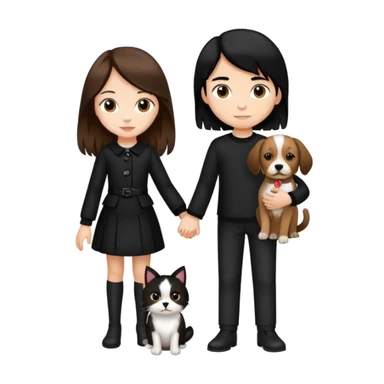 A girl with long brown hair holding the hand of a boy with black hair, both dressed in black, holding a cat and dog sticker
