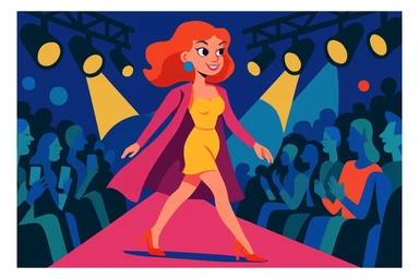 animated female model walking on a runway, horizontal, energetic, glamorous, fashion event setting sticker