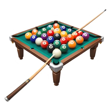 A billiard table with colorful balls arranged in a triangle, and a cue stick poised to break. The scene is set in a dimly lit room, with focused lighting highlighting the balls and table, emphasizing skill, precision, and strategy in the game of pool. sticker