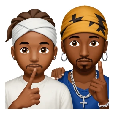 Generate an emoji of kendrick lamar throwing up a west coast gang sign while he stands next to tupac. Tupac has his infamous backwards bandana tied around his forehead where the bandana is tied one time in a half knot sticker