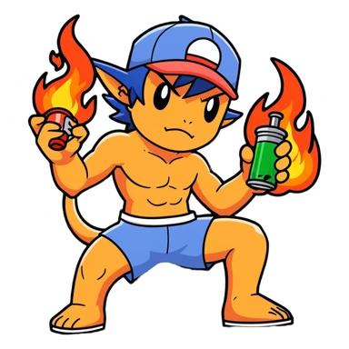 21 yo Handsome tall muscular shirtless Ash Ketchum with a bong with charizard on fire as a dj sticker