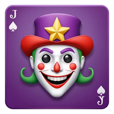 1 poker card, perfectly squared card, with crazy colorful human jolly joker inside, star symbol with a "J" sticker