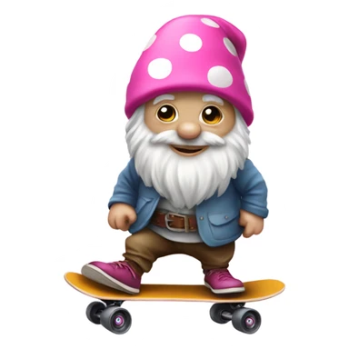 Gnome riding a skateboard with a pink polka dot hat sticker