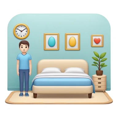 cozy clean room with neatly organized objects, simplified human character standing peacefully, feeling satisfied and calm, sense of order and balance, flat custom emoji sticker, pastel colors, rounded shapes, minimal details, thick outline, white background, no text sticker