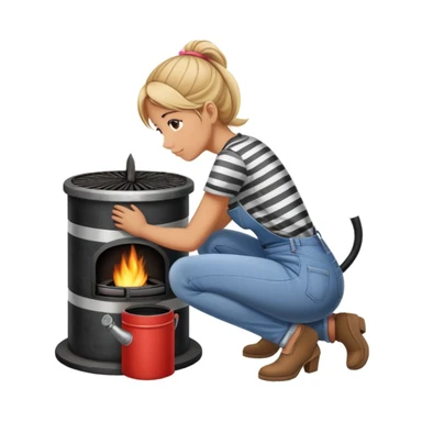 Metal cylindrical coal stove with a girl cleaning it while kneeling, seen from behind, wearing jeans and a striped shirt sticker
