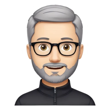 Caucasian man with very short cropped black hair, short beard with noticeable gray hairs, large black eyeglasses, cheerful expression, black athletic long sleeve shirt with quarter zip collar sticker