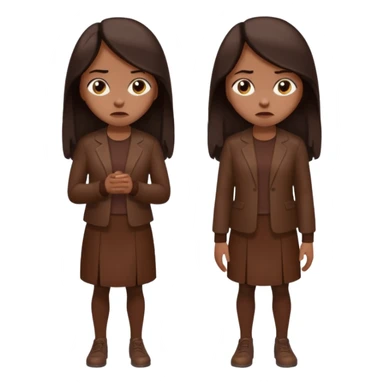=Cartoon emoji of a woman with long, loose dark hair, wearing chocolate-colored clothes. Full-height, standing, nervous, unsure, worried expression. Slightly hunched, anxious posture. Smooth, simple, stylized sticker