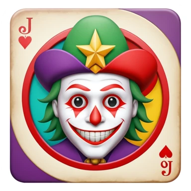 1 poker card, perfectly squared card, with crazy colorful human jolly joker inside, star symbol with a "J" sticker