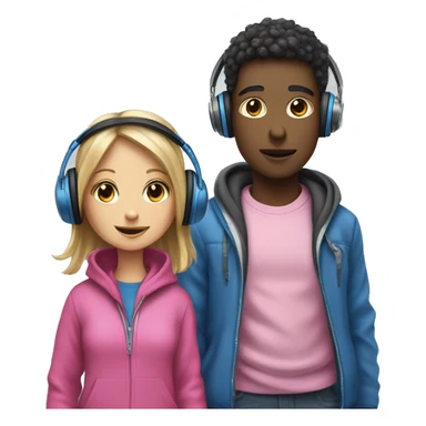 A BOY IN BLU CLOTES AND A GIR I PINK CLOTHE WEARING HEADPHONES sticker