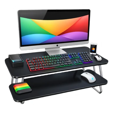 rgb gaming computer on black desk with a black keyboard and mouse sticker