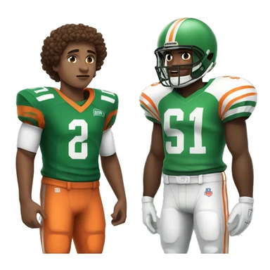 white boy with curly brown hair Football player in green and white jersey, facing off with football player in orange and black jersey sticker