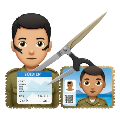 Floating black Scissors cutting in half an idf soldier ID card in 2 parts .hyper realistic sticker
