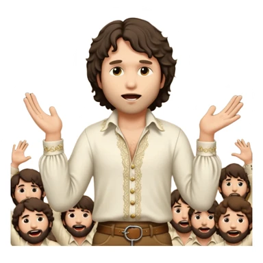 solarpunk realistic ultra HD - unkempt, shaggy with big sideburns Jim Morrison in an ivory Victorian shirt, in an ecstatic dramatic pose, sings on stage sticker