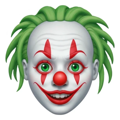 White face clown, with green dreadlocks, red lips, red ball nose, and blue eye paint sticker