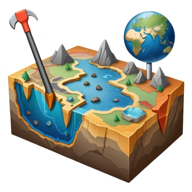 An icon featuring a crowbar and a geological map, and layers of Earth’s crust, symbolizing geology. The design includes mineral samples, fossils, and tectonic plates, representing the study of Earth’s structure and natural processes. Transparent background highlights geological exploration sticker