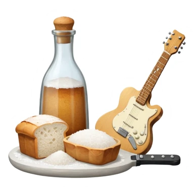 a bottle of salt (salt shaker) and a loaf of peasant bread with a small electric guitar - still life composition sticker