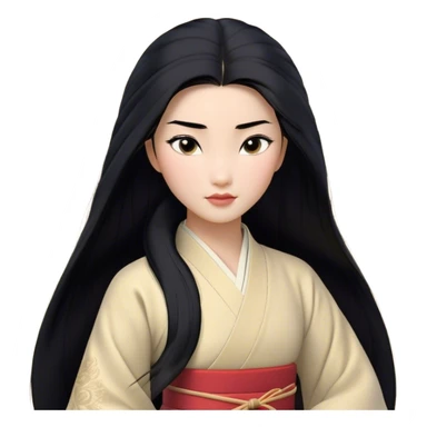 Cinematic Realistic Mulan Portrait, depicted with lifelike skin texture, soft natural lighting, and intricately detailed long black hair styled elegantly. Her deep, expressive eyes exude determination and grace, complemented by a serene yet confident expression. She is dressed in her classic attire, with rich fabric textures and delicate folds that catch the light beautifully. The portrait features a soft, enchanting glow with a natural, radiant finish, capturing the essence of timeless strength and beauty in a realistic and painterly style, evoking a sense of depth and authenticity. sticker