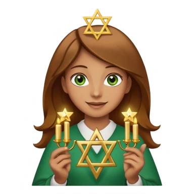 White but tan person with lightish brown hair girl has green eyes and holding the Star of David and a menorah looking at it smiliing sticker